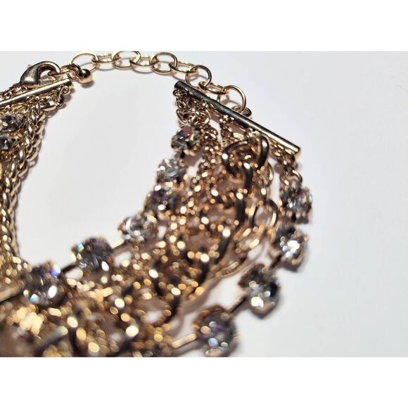 GOLD MULTI CHAIN CRYSTAL STRAND BRACELET NWOT - Picture 2 of 9